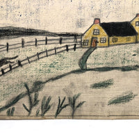 Early 20th C. Naive Double-Sided Farm Drawing on Waxed Cloth, Crayon and Graphite