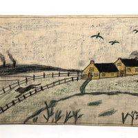 Early 20th C. Naive Double-Sided Farm Drawing on Waxed Cloth, Crayon and Graphite