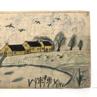 Early 20th C. Naive Double-Sided Farm Drawing on Waxed Cloth, Crayon and Graphite