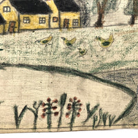 Early 20th C. Naive Double-Sided Farm Drawing on Waxed Cloth, Crayon and Graphite