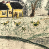 Early 20th C. Naive Double-Sided Farm Drawing on Waxed Cloth, Crayon and Graphite