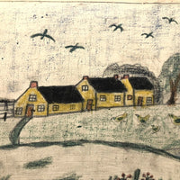 Early 20th C. Naive Double-Sided Farm Drawing on Waxed Cloth, Crayon and Graphite