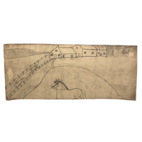 Early 20th C. Naive Double-Sided Farm Drawing on Waxed Cloth, Crayon and Graphite