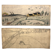 Early 20th C. Naive Double-Sided Farm Drawing on Waxed Cloth, Crayon and Graphite