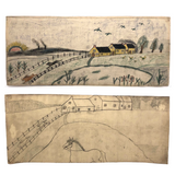 Early 20th C. Naive Double-Sided Farm Drawing on Waxed Cloth, Crayon and Graphite