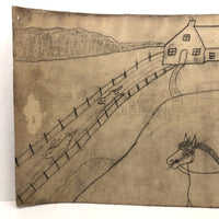Early 20th C. Naive Double-Sided Farm Drawing on Waxed Cloth, Crayon and Graphite