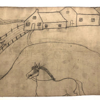 Early 20th C. Naive Double-Sided Farm Drawing on Waxed Cloth, Crayon and Graphite