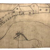 Early 20th C. Naive Double-Sided Farm Drawing on Waxed Cloth, Crayon and Graphite