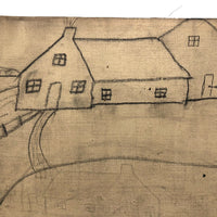 Early 20th C. Naive Double-Sided Farm Drawing on Waxed Cloth, Crayon and Graphite