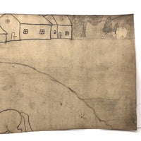 Early 20th C. Naive Double-Sided Farm Drawing on Waxed Cloth, Crayon and Graphite