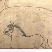 Early 20th C. Naive Double-Sided Farm Drawing on Waxed Cloth, Crayon and Graphite