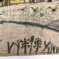 Early 20th C. Naive Double-Sided Farm Drawing on Waxed Cloth, Crayon and Graphite