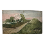 SOLD Soft Green Late 19th Century Oil on Board Landscape with Pink Tree and White Fence