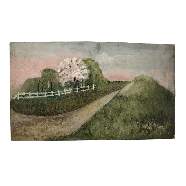 SOLD Soft Green Late 19th Century Oil on Board Landscape with Pink Tree and White Fence