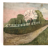 SOLD Soft Green Late 19th Century Oil on Board Landscape with Pink Tree and White Fence