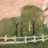 SOLD Soft Green Late 19th Century Oil on Board Landscape with Pink Tree and White Fence