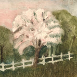 SOLD Soft Green Late 19th Century Oil on Board Landscape with Pink Tree and White Fence