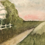 SOLD Soft Green Late 19th Century Oil on Board Landscape with Pink Tree and White Fence