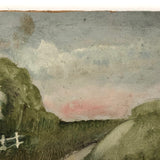 SOLD Soft Green Late 19th Century Oil on Board Landscape with Pink Tree and White Fence