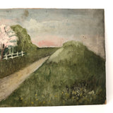 SOLD Soft Green Late 19th Century Oil on Board Landscape with Pink Tree and White Fence