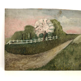 SOLD Soft Green Late 19th Century Oil on Board Landscape with Pink Tree and White Fence