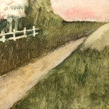 SOLD Soft Green Late 19th Century Oil on Board Landscape with Pink Tree and White Fence