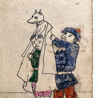 L'Homme-Chien French Hand-drawn Postcard with Stamp Collage