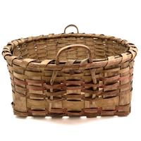 Large Antique Painted Ash Splint Work Basket with Notched Bentwood Handles