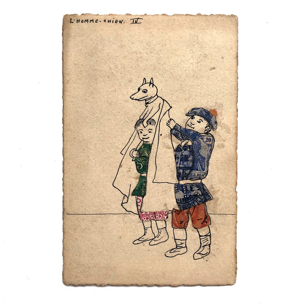 L'Homme-Chien French Hand-drawn Postcard with Stamp Collage