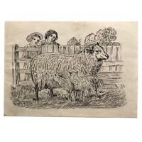 J.E. Jeffreys Late 1800s British Graphite Drawing of Children and Sheep