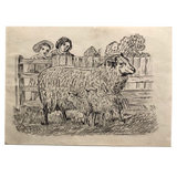 J.E. Jeffreys Late 1800s British Graphite Drawing of Children and Sheep