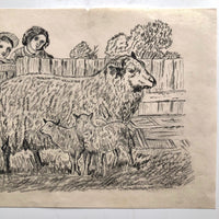 J.E. Jeffreys Late 1800s British Graphite Drawing of Children and Sheep