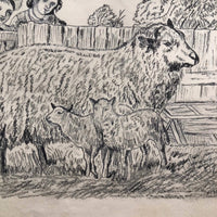 J.E. Jeffreys Late 1800s British Graphite Drawing of Children and Sheep