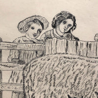 J.E. Jeffreys Late 1800s British Graphite Drawing of Children and Sheep