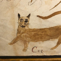 Wonderful "Verses on Friendship" Cat,  Early Ink and Watercolor Drawing