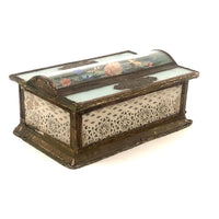 Magical Feeling, Much Decorated Victorian Domed Glass Jewelry Box with Interior Mirror