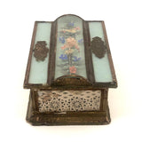 Magical Feeling, Much Decorated Victorian Domed Glass Jewelry Box with Interior Mirror