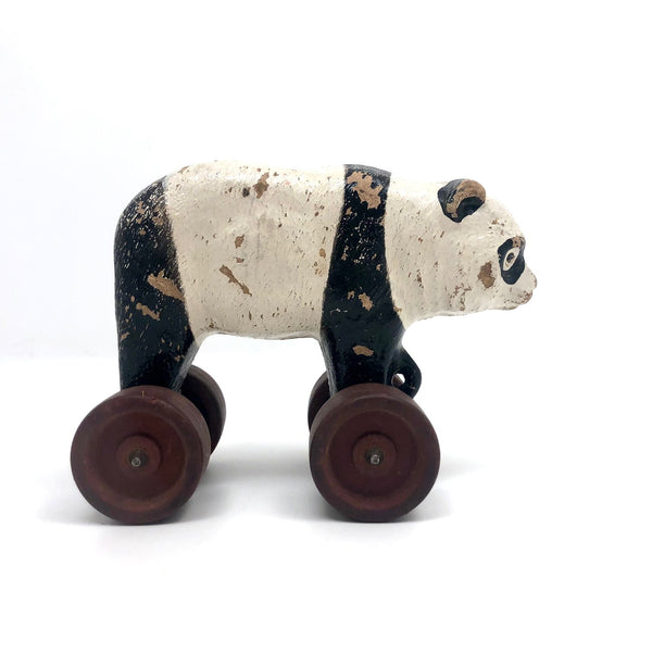 Composition Panda on Red Wheels Pull Toy, Presumed Hubley