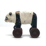 Composition Panda on Red Wheels Pull Toy, Presumed Hubley