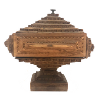 Nice 1914 Chip Carved Tramp Art Lidded Pedestal Box with Great Dry Wood Patina