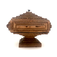 Nice 1914 Chip Carved Tramp Art Lidded Pedestal Box with Great Dry Wood Patina