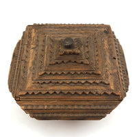 Nice 1914 Chip Carved Tramp Art Lidded Pedestal Box with Great Dry Wood Patina