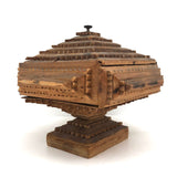 Nice 1914 Chip Carved Tramp Art Lidded Pedestal Box with Great Dry Wood Patina