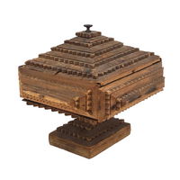 Nice 1914 Chip Carved Tramp Art Lidded Pedestal Box with Great Dry Wood Patina