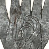 Wonderful Folk Art Galvanized Tin Hand with Woman Raising Hand