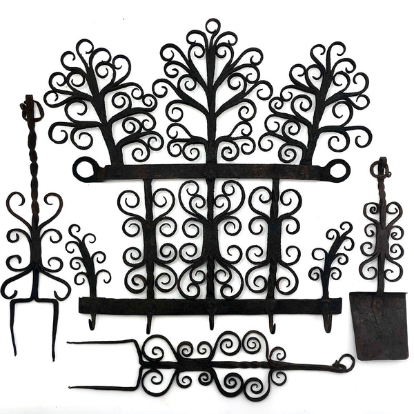 Ornate Hand Forged Wrought Iron Utensils Rack, Forks and Spatula