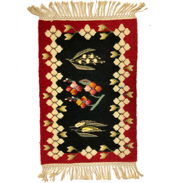 Romanian Handwoven Wool Rug with Wheat and Flower Design