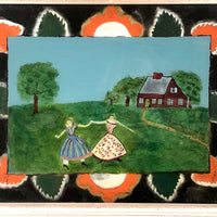 Dancing Girls and Red House, Folk Art Reverse Painting on Glass