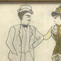 Dapper Gent and Lovely Lady in Yellow, Victorian Graphite and Watercolor Drawing