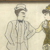 Dapper Gent and Lovely Lady in Yellow, Victorian Graphite and Watercolor Drawing